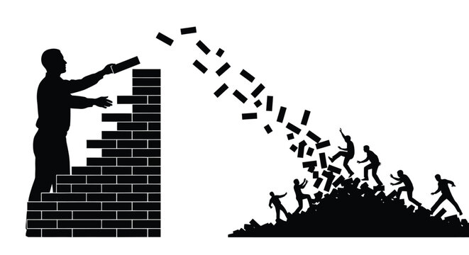 Man destroying brick wall with people falling from it
