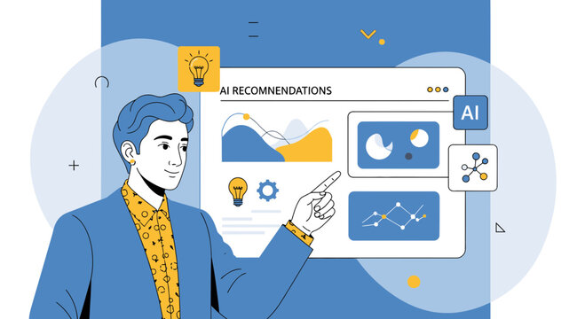Man presenting AI recommendations with charts and graphs on digital screen