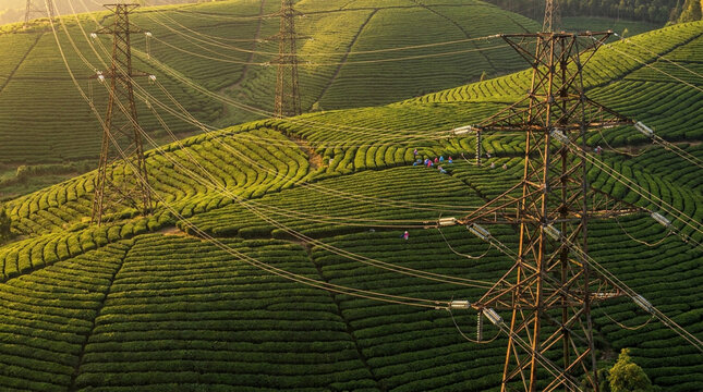 Aerial view of tea plantations with high voltage power lines in the countryside during sunset in long coc, vietnam