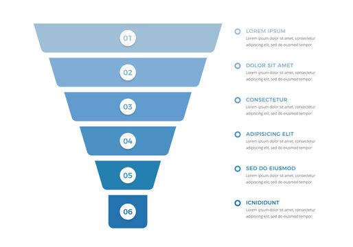 Infographic template with six-step funnel diagram suitable for business presentation, marketing strategy analysis, conversion rate visualization, and data organization layouts