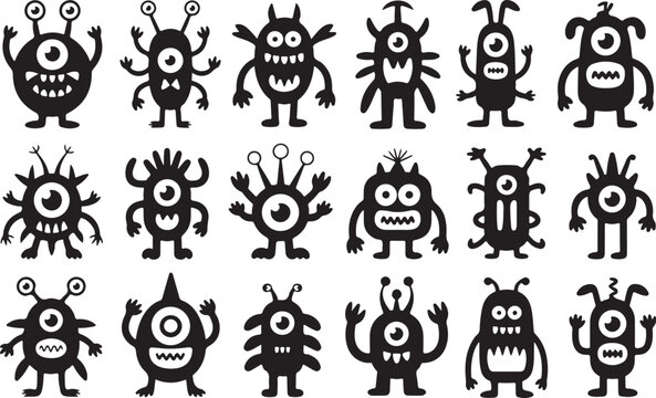 Cute cartoon monsters with big eyes and antennae