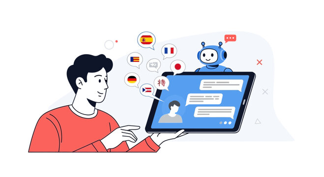 Man uses tablet with AI translation app, flags, chatbot, communication