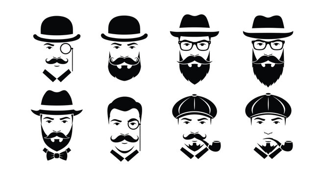Flat vector collection of mustaches beards and bowler hats on white