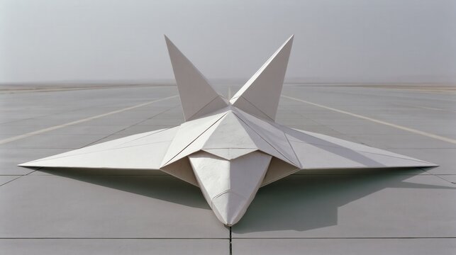 Large paper airplane shaped like a modern fighter jet on a runway.