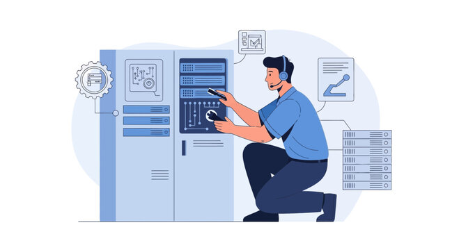 IT Technician Servicing Server Rack and Data Center Equipment