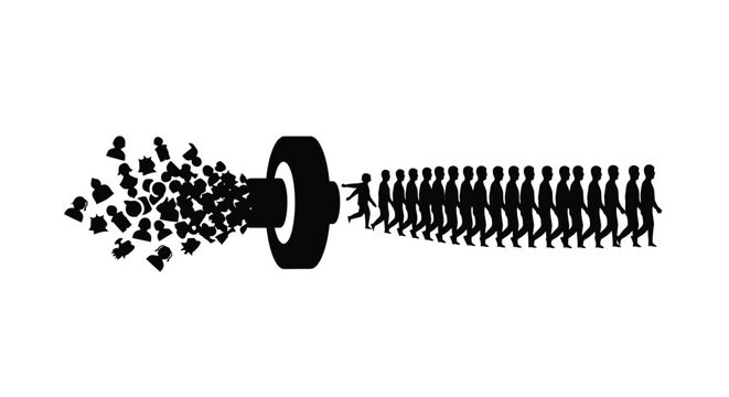 Illustration shows a large group of people walking in a line through a filter