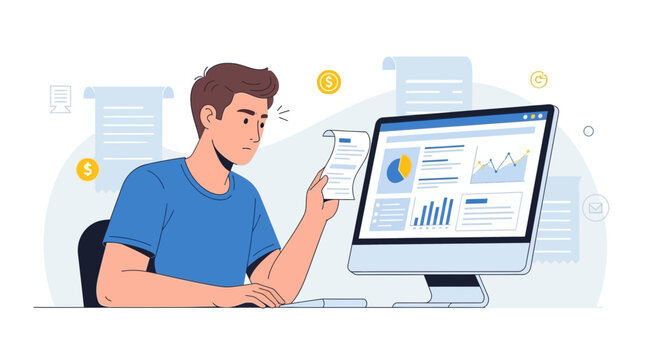 Man checking financial documents and computer data