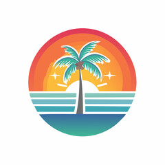 Obraz premium Retro Sunset Palm Tree Beach Vibes Circle Logo