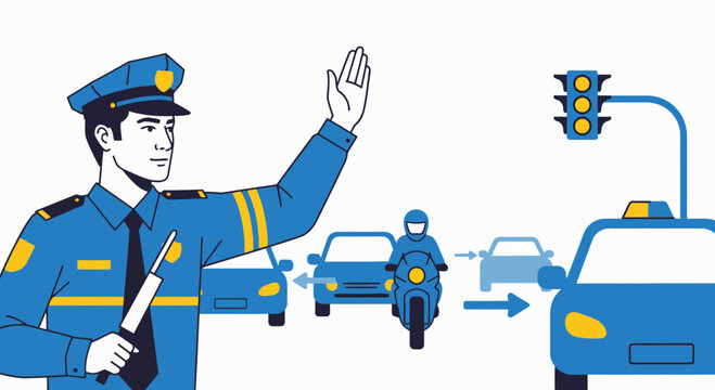 Police officer directing traffic with cars and motorcycle, traffic light on