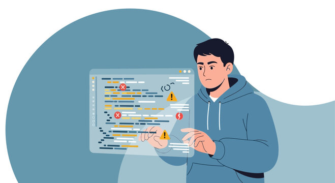 Programmer Analyzing Code Errors on Digital Interface