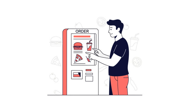 Man ordering food from an interactive kiosk, fast food digital menu
