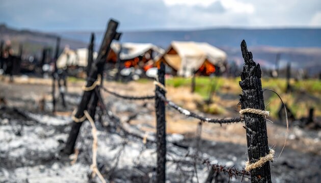 Scorched Wooden Post and Frayed Rope with Tents Beyond