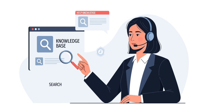 Support agent using knowledge base for customer inquire, search icon illustration