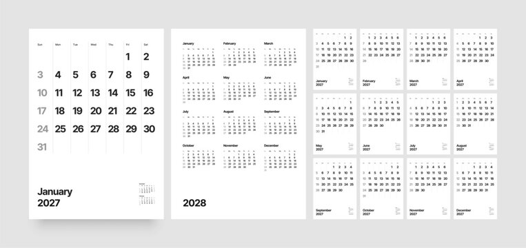 2027 monthly calendar template, week starts Sunday.