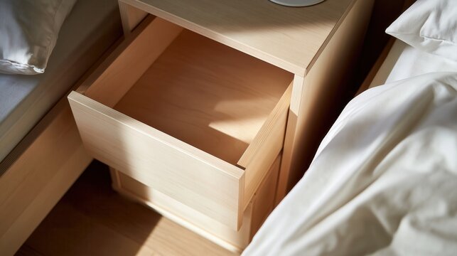 Top down view of an open empty drawer of a wooden bedside table.