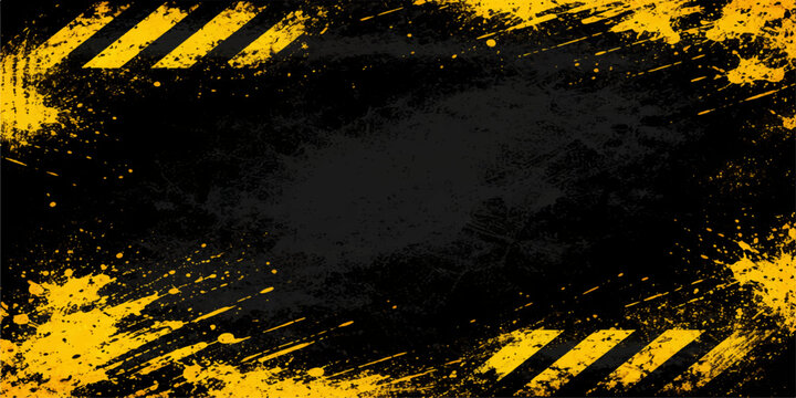 Abstract grunge background featuring weathered yellow and black hazard stripes on a dark textured vintage wall with aged brown paint and grungy paper patterns