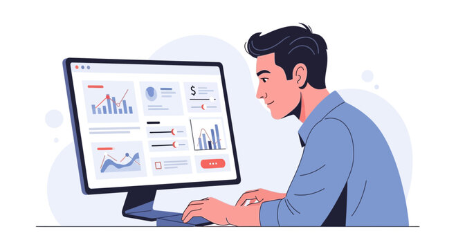 Man working on computer with financial charts and graphs on screen