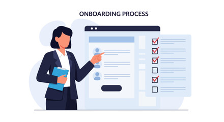 Obraz premium Onboarding process illustration: woman with clipboard pointing at digital checklist