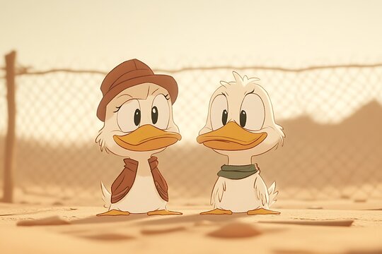 Two ducks standing together on a beach
