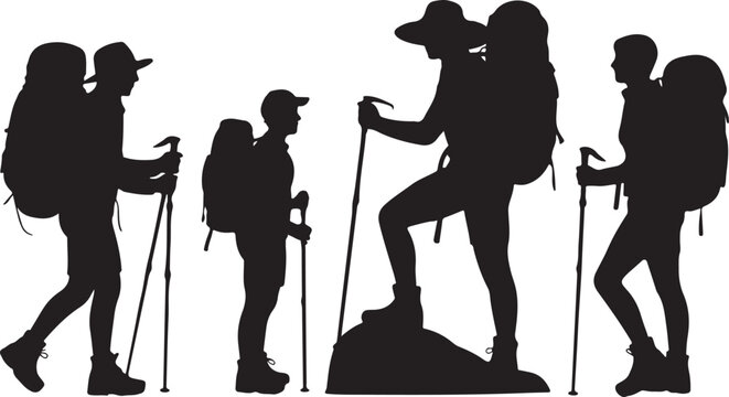 Hikers with backpacks and trekking poles walking