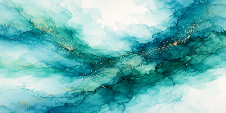 Abstract blue watercolor background featuring splashes that evoke a serene summer horizon where the sky meets the ocean waves under bright sunlight and soft clouds