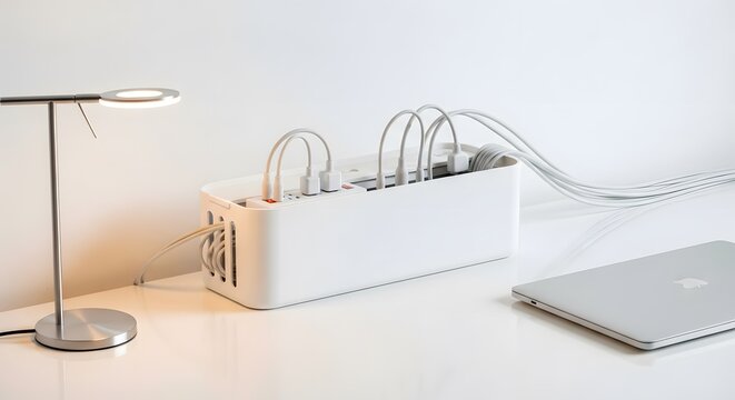 White cable management box with power strip and plugged wires on a clean office desk setup