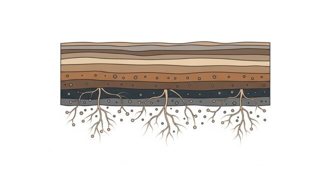 Cross section of soil layers with plant roots growing.