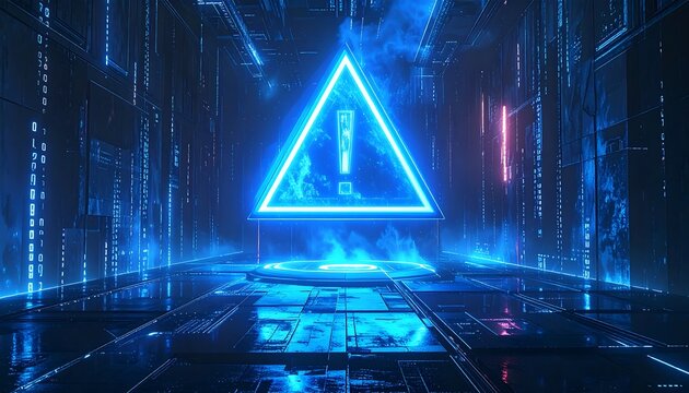 Cyber warning in glowing neon digital tunnel