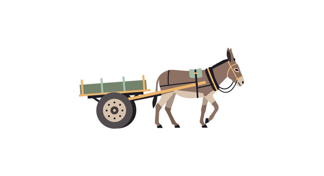 Donkey pulling a traditional wooden cart, flat illustration