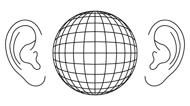 Global communication concept with wireframe earth and human ears set.