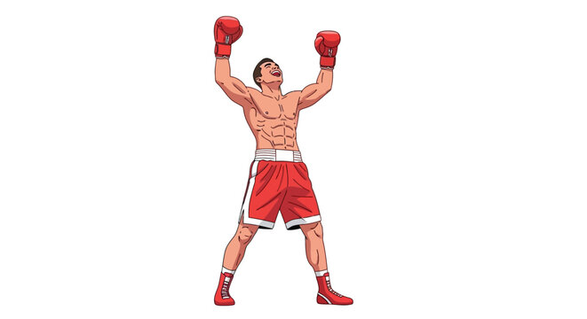 Male boxer celebrates victory with arms raised high.