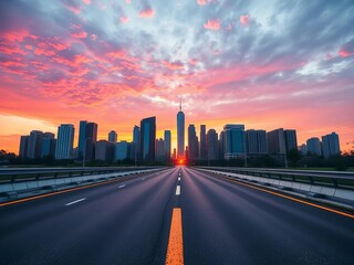 Obraz premium Asphalt road stretches towards distant skyscrapers at sunset, cityscape, daytime