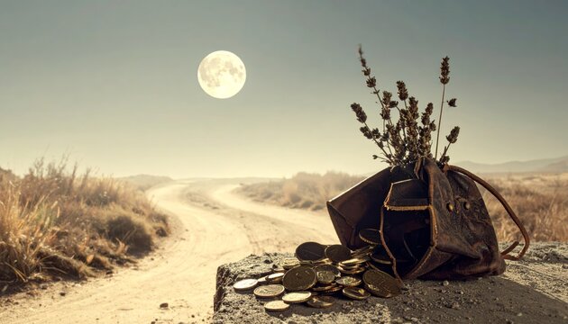 Leather Pouch Spilling Coins and Dried Herbs in Desert Landscape