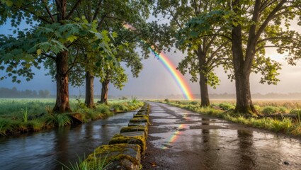 Naklejka premium Road leading toward rainbow across wet rural landscape