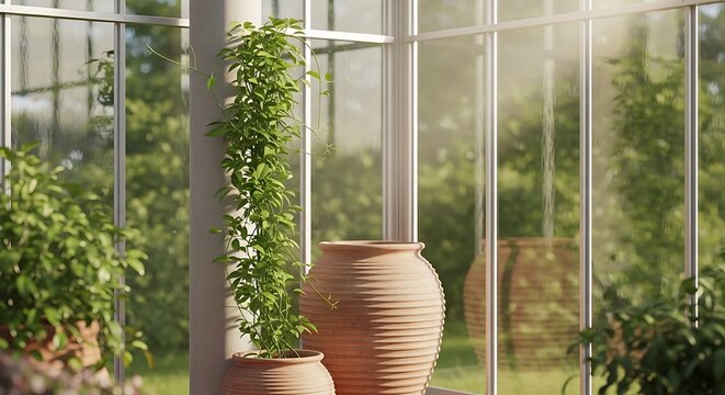 A beautiful cissus quadrangularis climbing vine growing inside a terracotta pot placed in a bright and sunny sunroom with large glass windows view