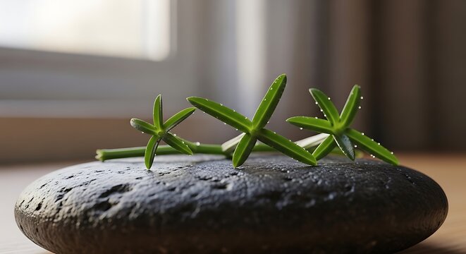 A close-up photograph of cissus quadrangularis plant stems arranged artistically on a dark textured zen stone for a natural wellness and health concept