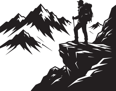 Silhouette of hiker with backpack and poles on cliff edge overlooking majestic mountains.