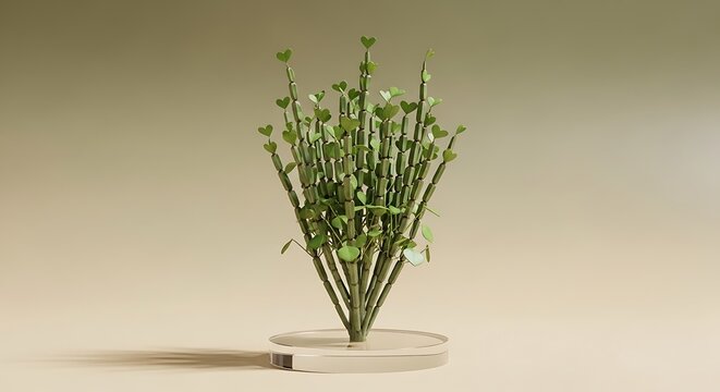 A detailed 3d render of a potted cissus quadrangularis plant with succulent stems and heart-shaped leaves on a minimalist display pedestal background