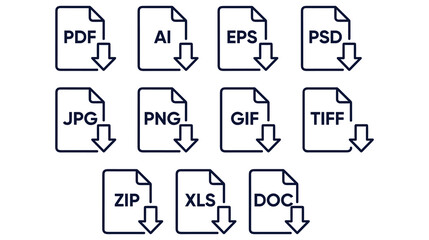 Set of file download icons, document formats, zip archive and spreadsheets. © GW