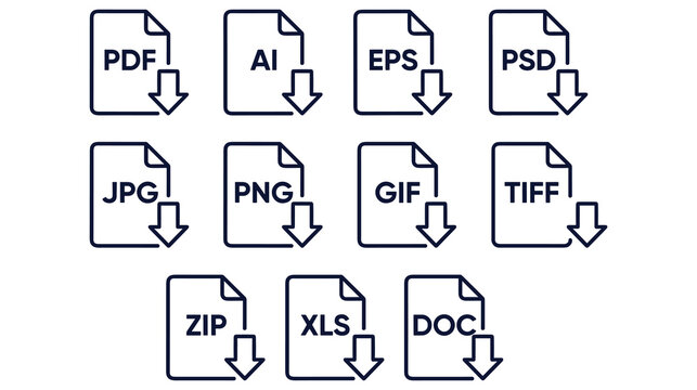 Set of file download icons, document formats, zip archive and spreadsheets.