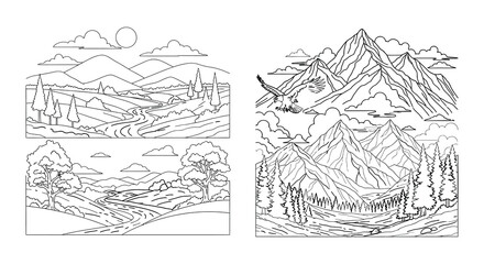 Naklejka premium Mountain landscape vector illustrations with river and eagle white background