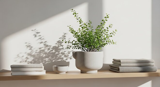 A beautiful cissus quadrangularis plant potted in a minimal ceramic container displayed on a rustic wooden shelf alongside books and folded soft linen