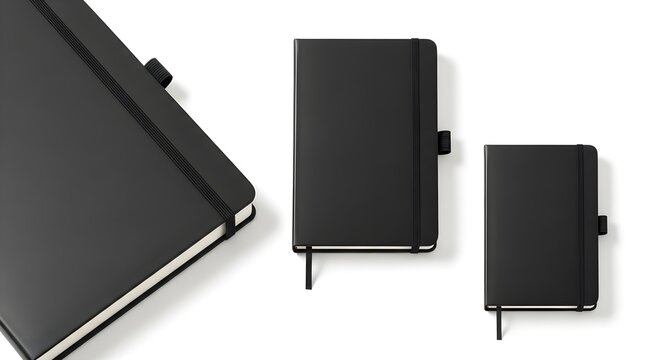 Set of black notebooks with elastic bands and pen holders isolated on white background
