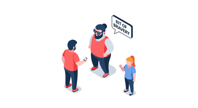 Three people discussing bravery in a modern, illustrative style.