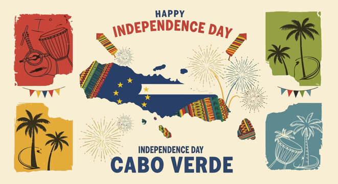 Cabo Verde Independence Day celebration illustration with map and cultural symbols