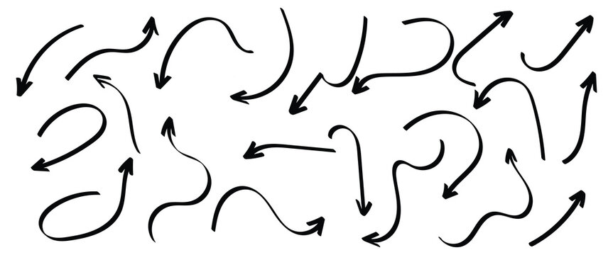 Arrow Vector Set with Curved and Swirl Doodle Arrows. Set of simple of hand drawn black arrows.. Vector illustrator on white background. eps10.