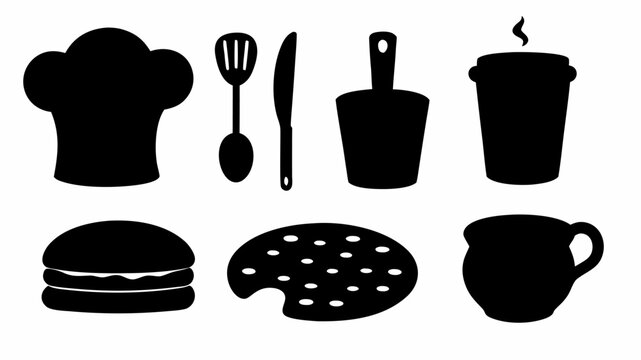 Collection of black vector food and kitchen icons chef hat spatula knife pot coffee cup burger palette and mug for culinary themes and restaurant design elements