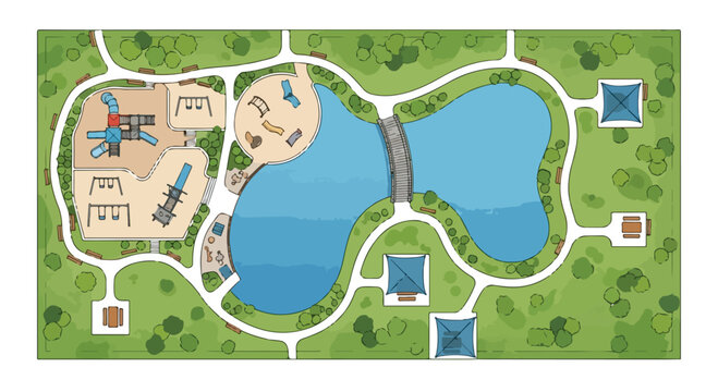 Aerial view park map vector illustration, public recreation area with playground and lake, landscape site plan with walking paths and bridge