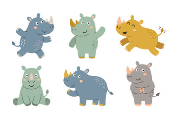 Fototapeta premium Playful Baby Rhino Character Set for Kids Nursery and Stationery Design