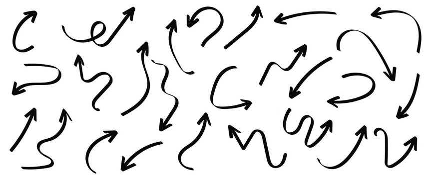  Doodle Arrows line icons set. Curly, straight and twisted shapes. Different arrows collection. Design direction elements. Navigation arrowheads. Hand drawn icons. Isolated on white background. eps10.